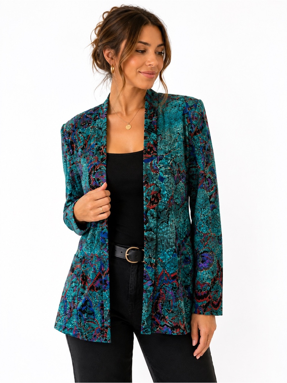 Draper’s & Damon’s Peacock Teal Abstract Floral Textured Open Front Cardigan